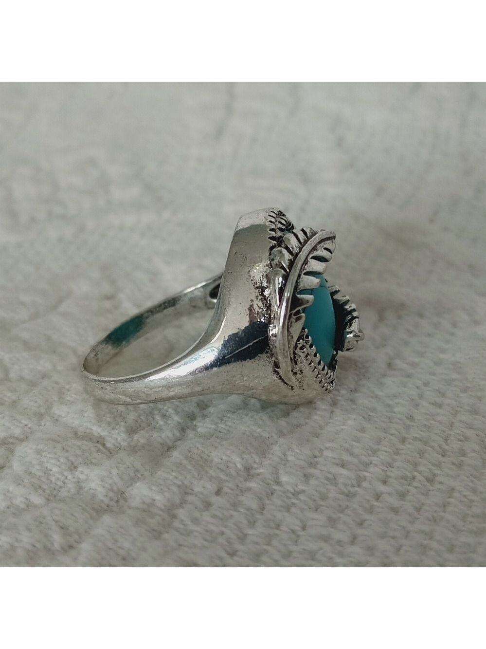 Turquoise Silver Leaf Cocktail Ring Stone Southwest Western Large Nature Size 10 - Picture 3 of 7